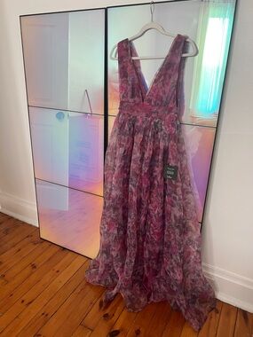 Lulus Floral Plum Deep V Chiffon Gown